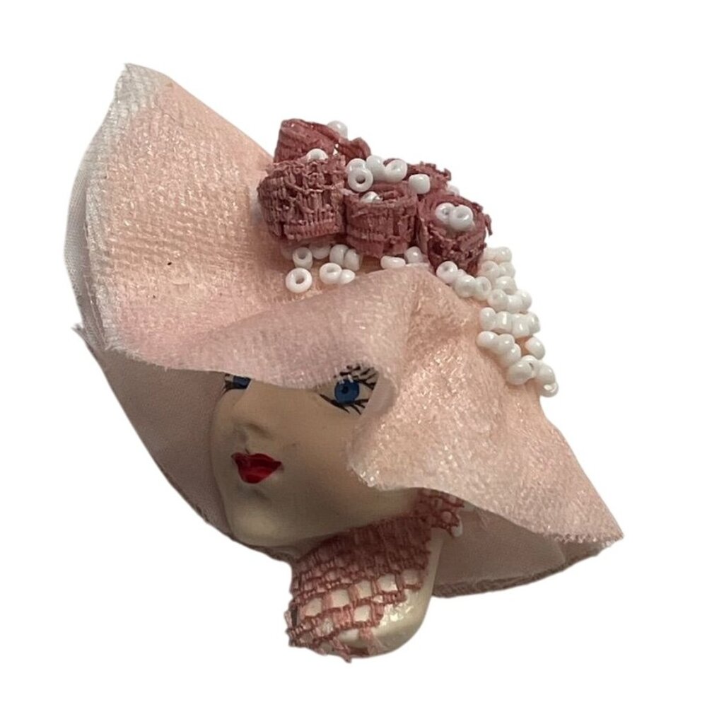 Vintage Handmade Victorian Style Lady Face Brooch Pin With Pink Hat u Beads